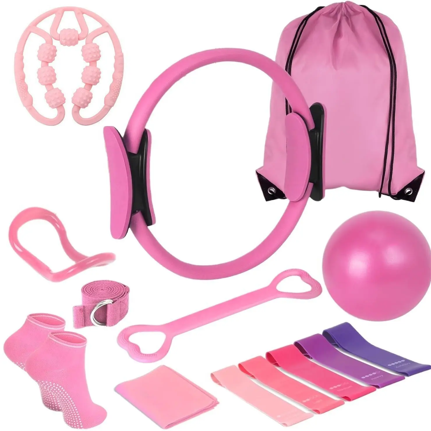 Pilates Workout Equipment for Beginners with Magic Circle, 5 Fitness Training Bands, Strap & Socks - Complete Exercise Resistance Band & Stretching Gear Set, Fitness Training Band, Home Workout