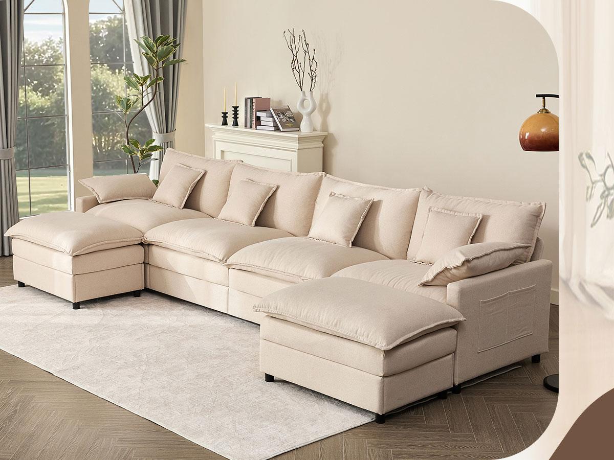 【3 Packages Shipping】GOSUHI 142.5" U-Shaped Modular Sectional Sofa - Comfy Cloud 4-Seater with Movable Ottoman, Deep Seat Chenille Couch for Living Room, Slate Color ,Comfort & Stylish Design