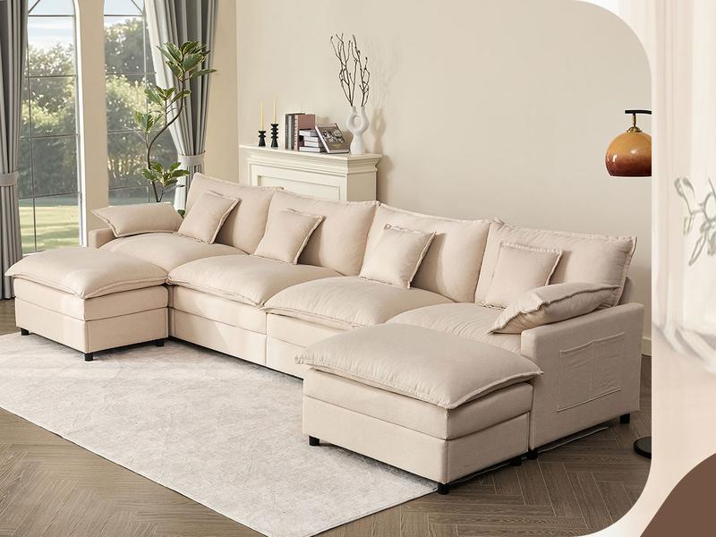 【3 Packages Shipping】GOSUHI 142.5" U-Shaped Modular Sectional Sofa - Comfy Cloud 4-Seater with Movable Ottoman, Deep Seat Chenille Couch for Living Room, Slate Color ,Comfort & Stylish Design