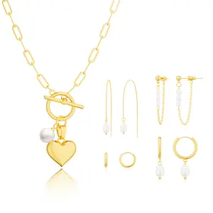 TEWIKY 14K Gold-Plated 5PCS Heart Pearl Necklace with Four Pairs of Earrings Set Elegant Design for Valentine's Day Gift Suitable for Various Occasions