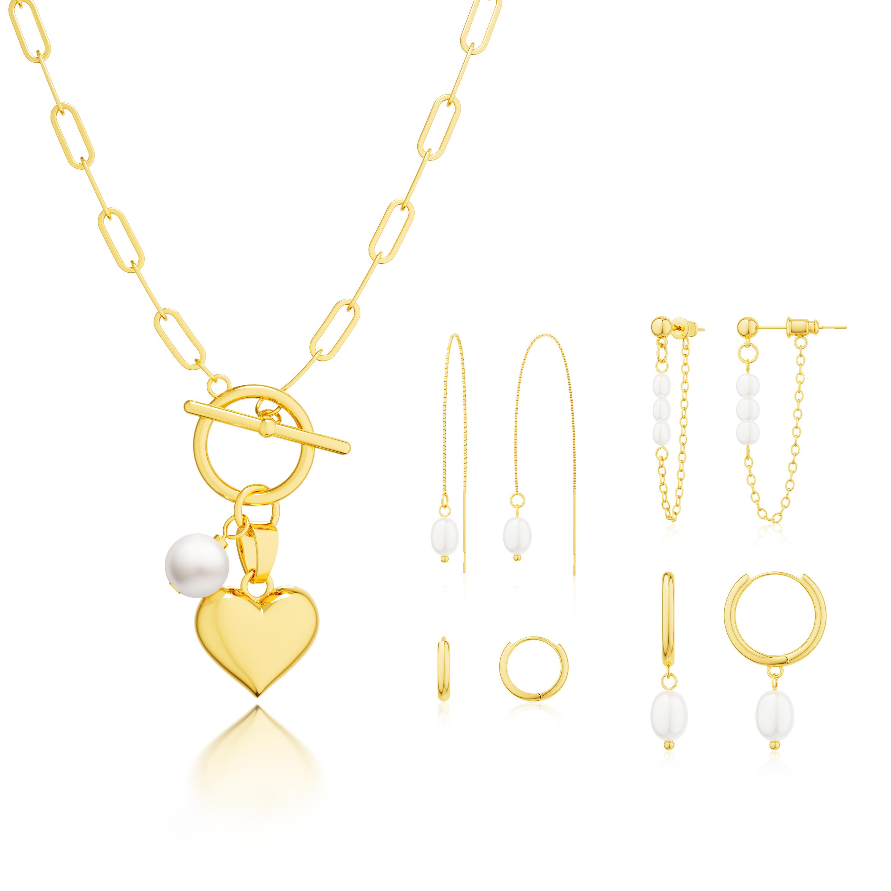 TEWIKY 14K Gold-Plated 5PCS Heart Pearl Necklace with Four Pairs of Earrings Set Elegant Design for Valentine's Day Gift Suitable for Various Occasions