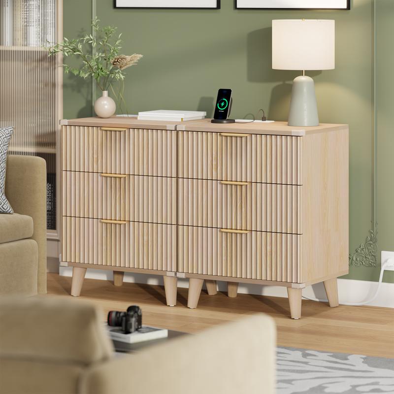 Aowos Fluted Nightstands for Bedroom, Modern Bedside Table with 3 Drawers & Charging Station, Fluted Panel End Tables for Bedroom & Living Room, Bedside Cabinet with USB Ports, Nightstand with Storage, Apartment Nightstand, Kids Bedside Table,