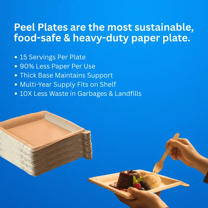 Peel Plate [10-Pack] 150 Servings Total [9.5in X 9.5in] - 2 Month Supply of Reusable Paper Plates