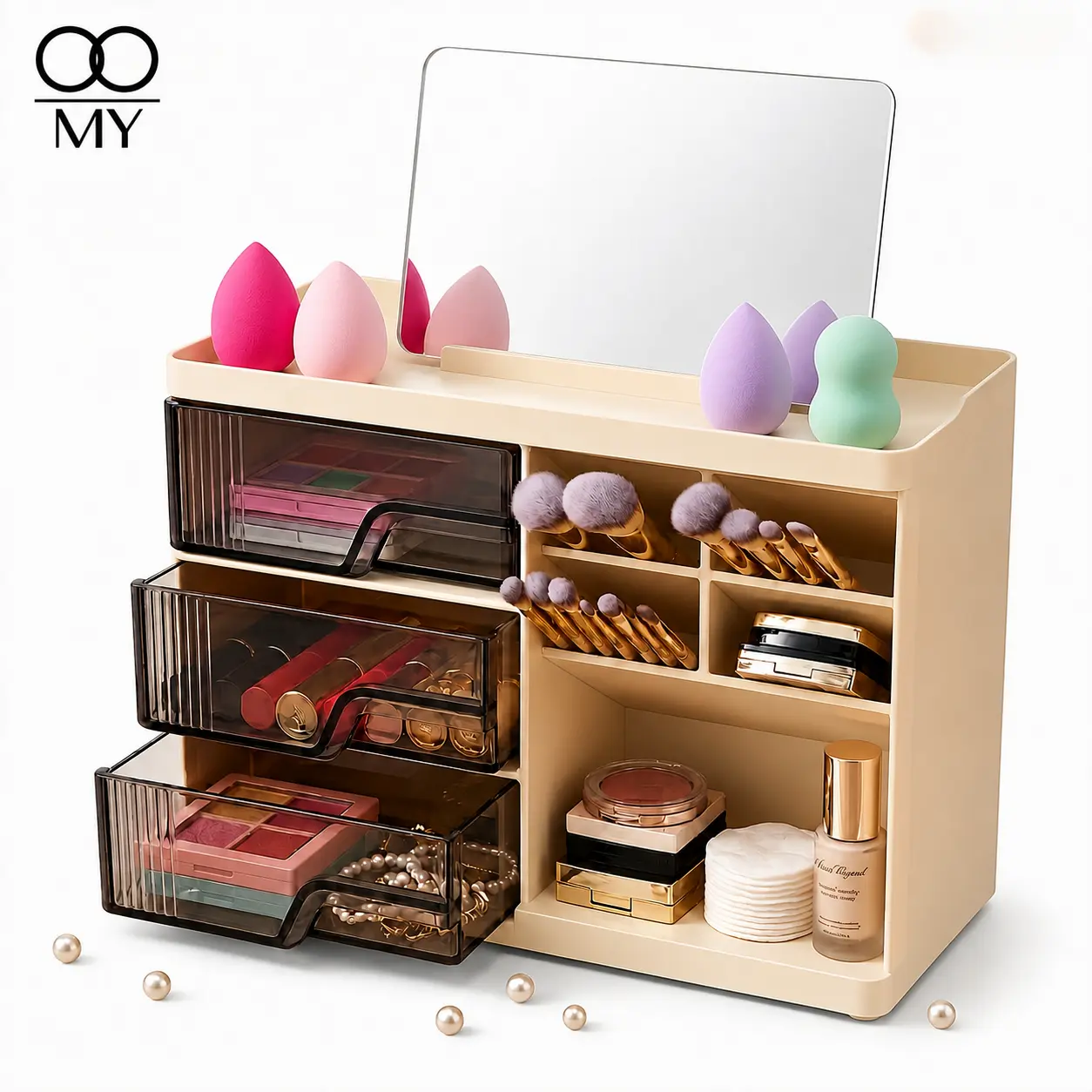3-Tier Aesthetic Makeup Organizer with 3 Drawers, Pull-Out Access, Handle & Phone Holder - Vanity Desk Storage for Cosmetic Tools, Lipsticks, Brushes (Beauty & Personal Care)