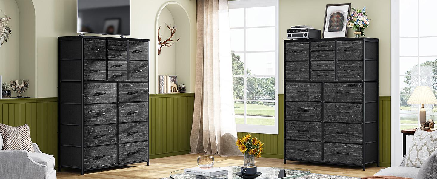 RaybeeFurniture 16 Drawer Dresser for Bedroom, Chest of Drawers with Fabric Bins, Sturdy Metal Frame, Wood Tabletop Storage Organizer for Guest Room, Closet, Entryway