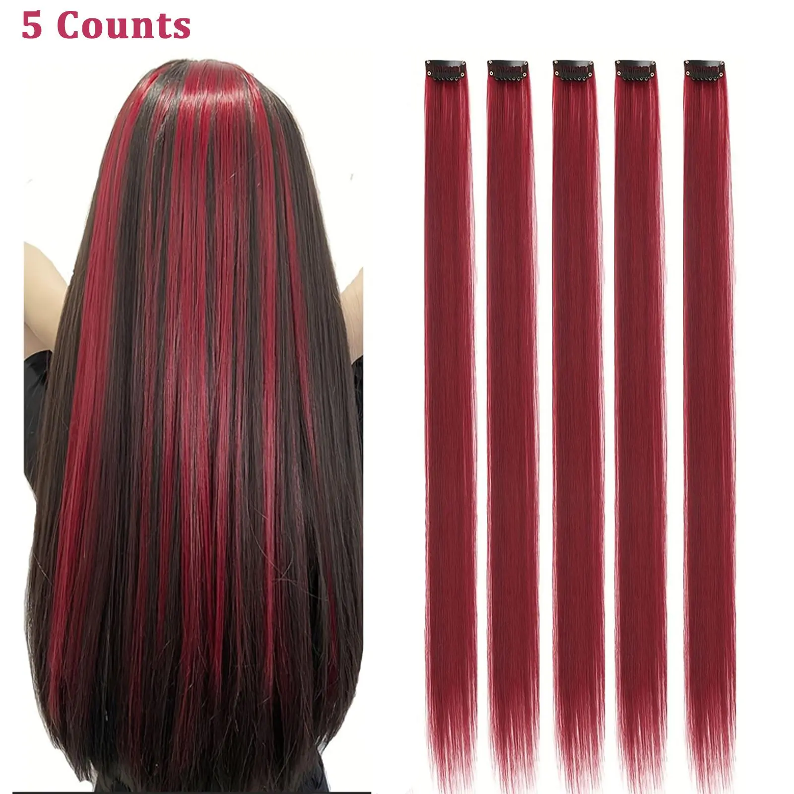 20 inch Colored Hair Long Straight Extensions, Halloween Cosplay Colorful Highlights Clip in Synthetic Hair Extensions, Burgundy Color Hairpieces for Girls Women Favor Gift, Christmas Decor