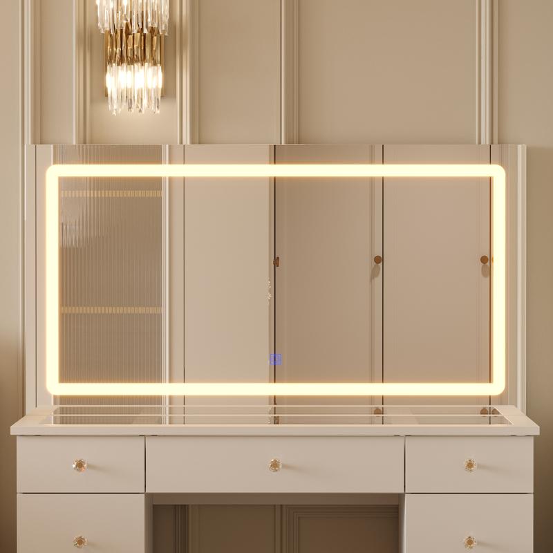 FUFU&GAGA Crystal Handle Makeup Vanity Glass Tabletop with Large Lighted Mirror, with 11 Drawers, Touch Control 3 Color Modes & Adjustable Brightness LED Strip Dressing Table