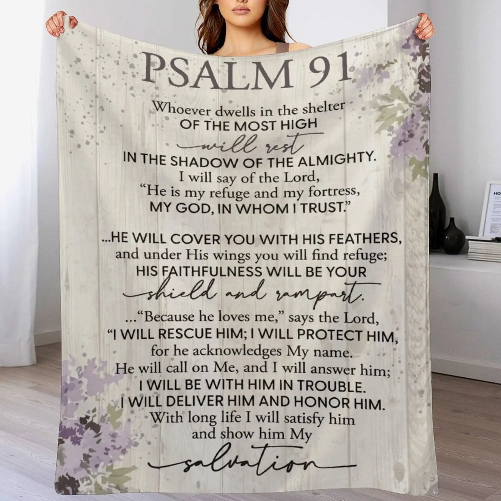 Psalm 91 Blanket, "He Is My Refuge" Bible Verse Throw, Purple Floral Christian Gift, Soft Cozy Faith Home Decor , Baptism Gifts for Girls , Religious Throw for Mom/Daughter/Sister,  Faith Home Decor ,Mother's Day Gift for Mom