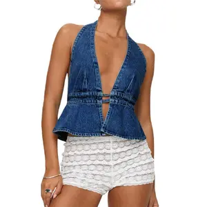 Women Sexy Backless Denim Vest Deep V Neck Sleeveless Tie Up Ruffle Hem Halter Jean Vest Slim Fitted Crop Top