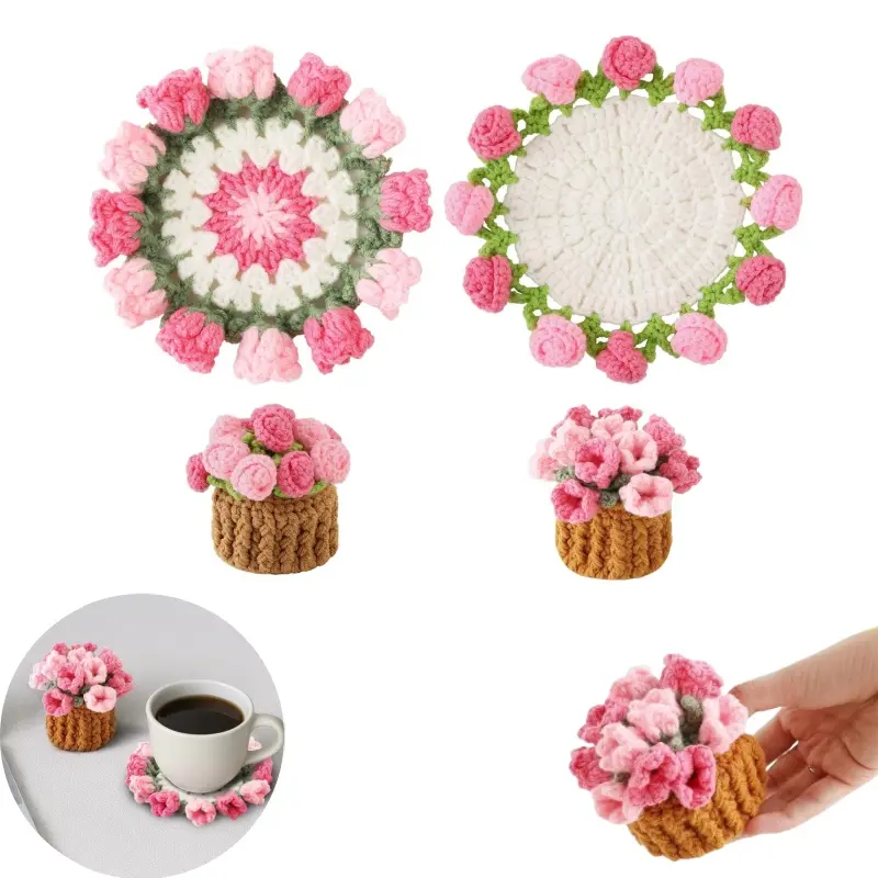 2 pieces of 5.9-inch handmade crocheted rose cup cushion cover, mini retro cup cushion, suitable for coffee cups, desktop protection, and home decoration