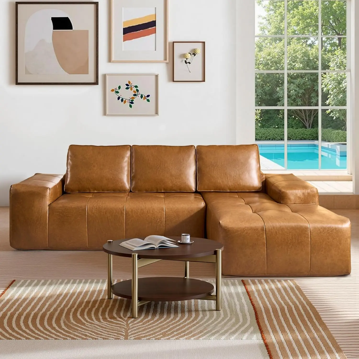 114" Leather Sectional Sofa Couch with Comfy Chaise, Boneless L Shape Sofa with Deep Seat, Minimalist Modular Couches Sleeper for Living Room Lounge, Brown
