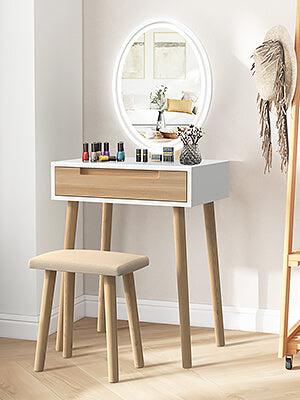 Small Makeup Vanity Desk with 3 Adjustable Lighted Mirror and Chair, 24 Inch Vanities Set with Drawer Wooden Frame Dressing Table for Mini Space HW1151 Dresser Furniture