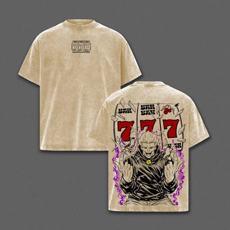 Kinji Hakari T-Shirt – Jujutsu Kaisen Vintage Washed Oversized Anime Graphic Tee, Streetwear Casual Heavy Cotton Unisex Design, Domain Expansion Jackpot 777 Art, Perfect Gift for JJK Fans