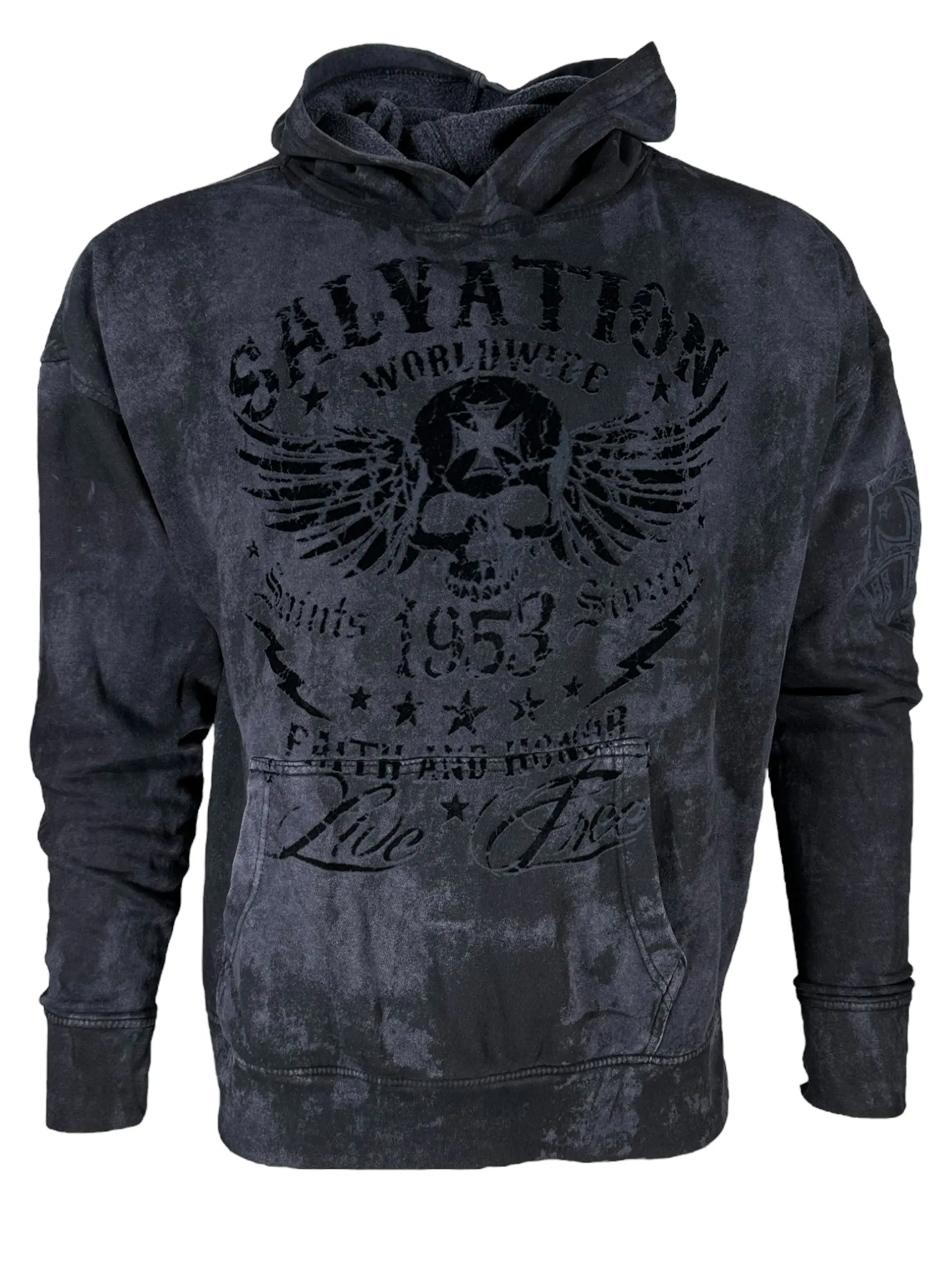 ARCHAIC by Affliction Unisex Oversized Boxy Hoodie, Black Tide 2000s Graphic Print Cotton Polyester Blend Long Sleeve Sweatshirt for All Seasons, Sweatshirts, Printed
