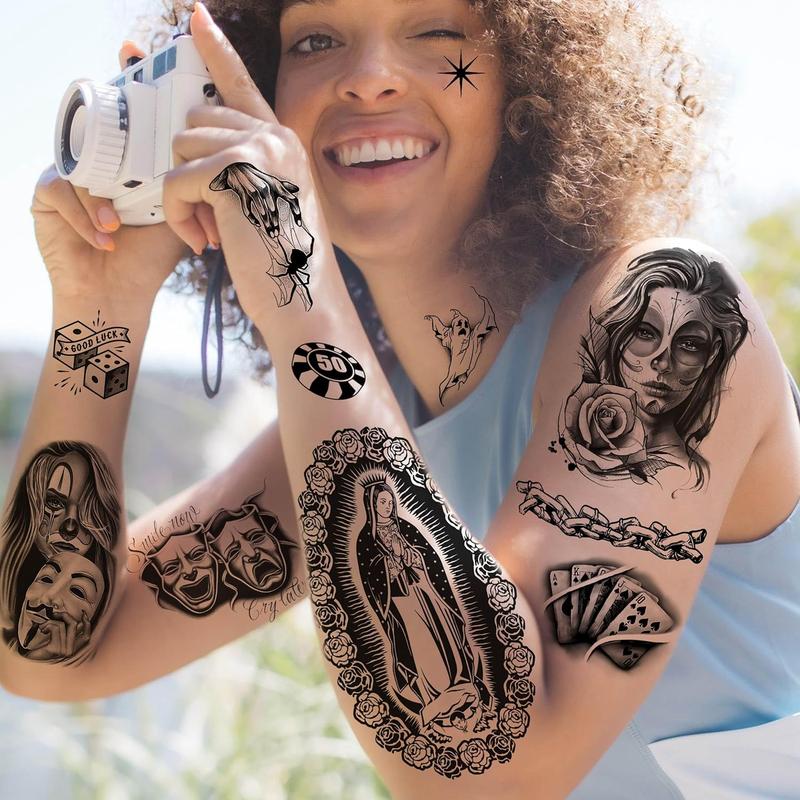 6 Sheets Large Chicano Temporary Tattoos For Men Women Adult, Chicana Guadalupe Gangster Fake Tattoos Prisoner Day of the Dead, Mexico Tattoo Stickers, Tatuajes Temporales Autocolante sticker tattoo sleeve rising sun tattoo