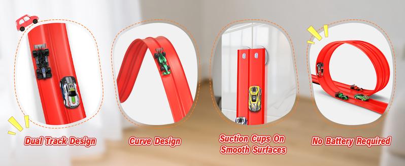 Hotfree 15Ft Flex Tracks Race Car Ramp Set, Slot Car Race Tracks, STEM Flexible Racetrack with 4 Mini Cars, 12 Suction Cups & Hook, Compatible with Hot Wheels & 1:64 Diecast Cars, Portable Roll-Up Track, Birthday & Christmas Gift for Kids Ages 3+ Figures