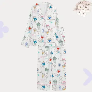 Cat Print Pajama Set, Vintage Aesthetic Sleepwear, Kawaii Kitten Pjs for Women, Soft Cotton Loungewear, Short or Long Sleeve Nightwear Gift