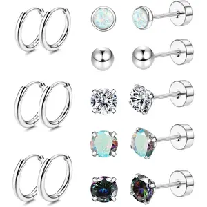 8 Pairs Surgical Steel Earrings for Sensitive Ears Hypoallergenic 20G Stainless Steel Stud Hoop Earrings for Women Men Small Opal Ball CZ Studs & Hoops Jewelry Studearrings