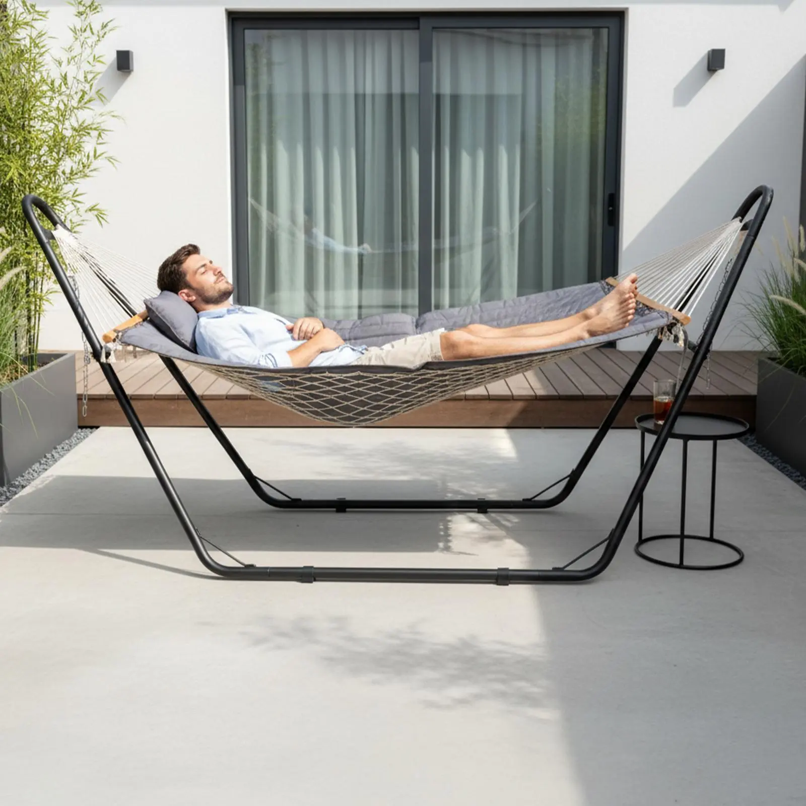 Classic Cotton Anti-Rollover Hammock Set - Large Double Pole Frame, 440LBS Capacity, 315×104×128cm, White Padded Bed, Black Frame, Net Pocket, Adjustable Connection Buckles, 104cm Width, Easy to Assemble, Indoor Outdoor Hammock Camping Furniture
