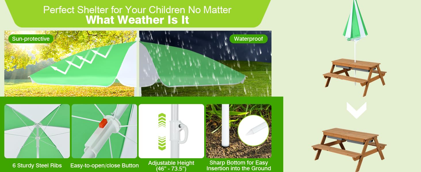 Costzon Kids Picnic Table w/Height Adjustable Umbrella,Indoor & Outdoor, Sand & Water Table for Garden, Backyard, Patio, dealsforyou Costzon Kids Picnic Table w/Height Adjustable Umbrella,Indoor & Outdoor, Sand & Water Table for Garden, Backyard, Patio, dealsforyou