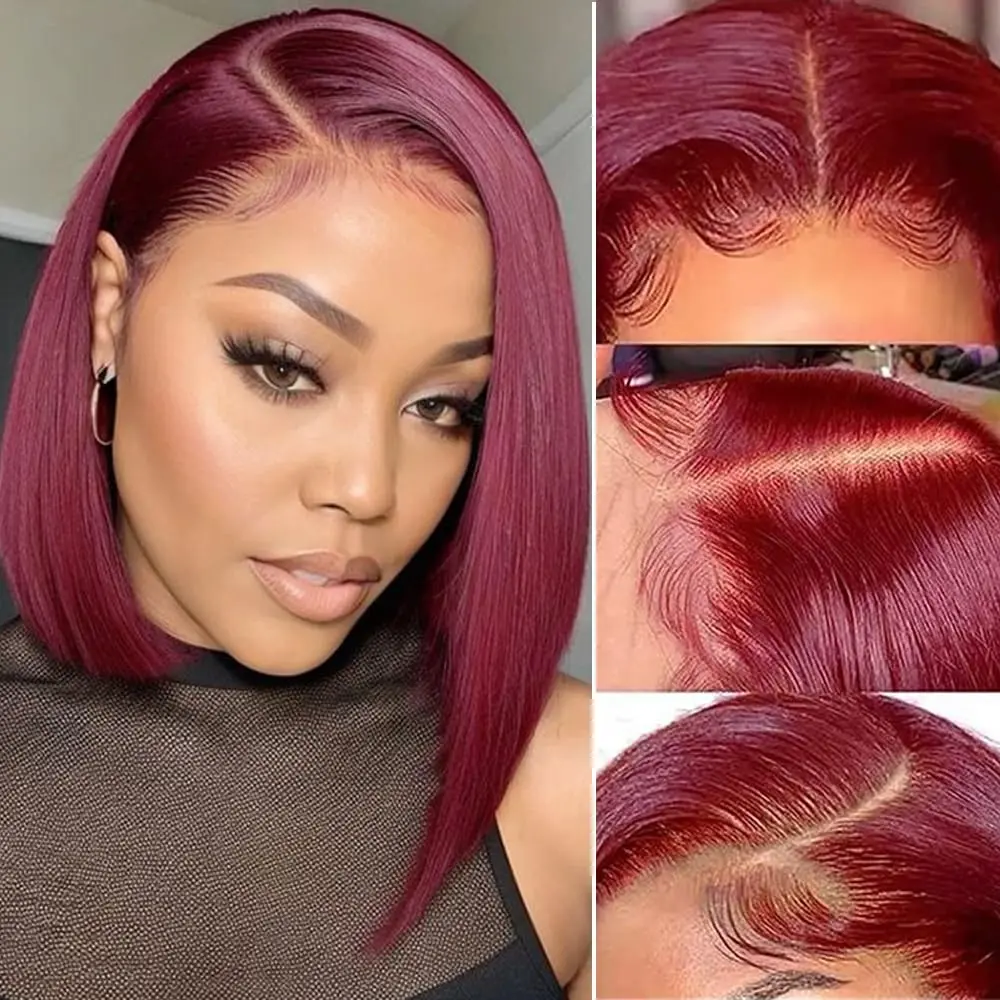 gk 99j Burgundy 10 inch Short Straight Human Hair Bob Wig, 13x4 Transparent Lace Front Wig for Black Women, Pre-Plucked, 180% Density