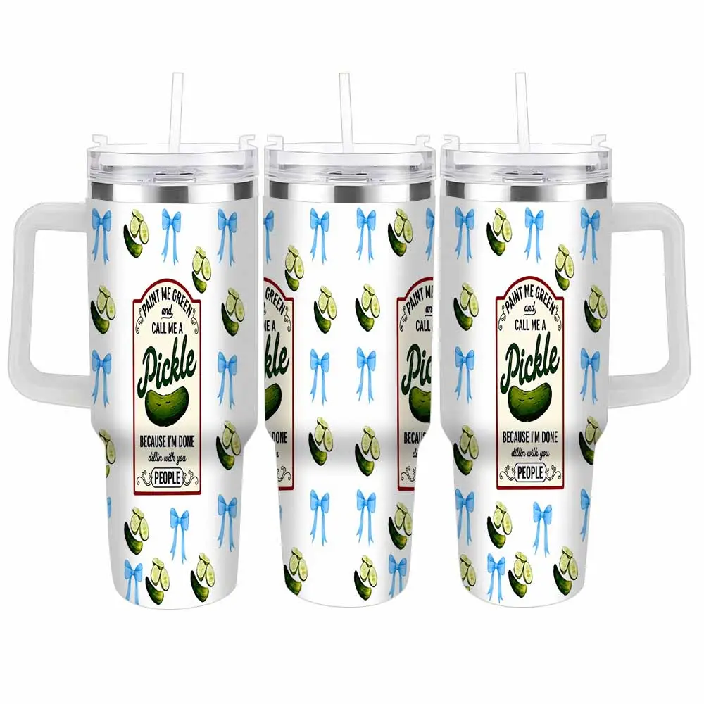 Funny Pickle Sayings Tumbler (40oz/30oz) Cute Cucumber And Blue Bow Pattern Insulated Stainless Steel Cup Leakproof Travel Mug For Office Work Outdoor Picnic Or Unique Birthday Gift Choice