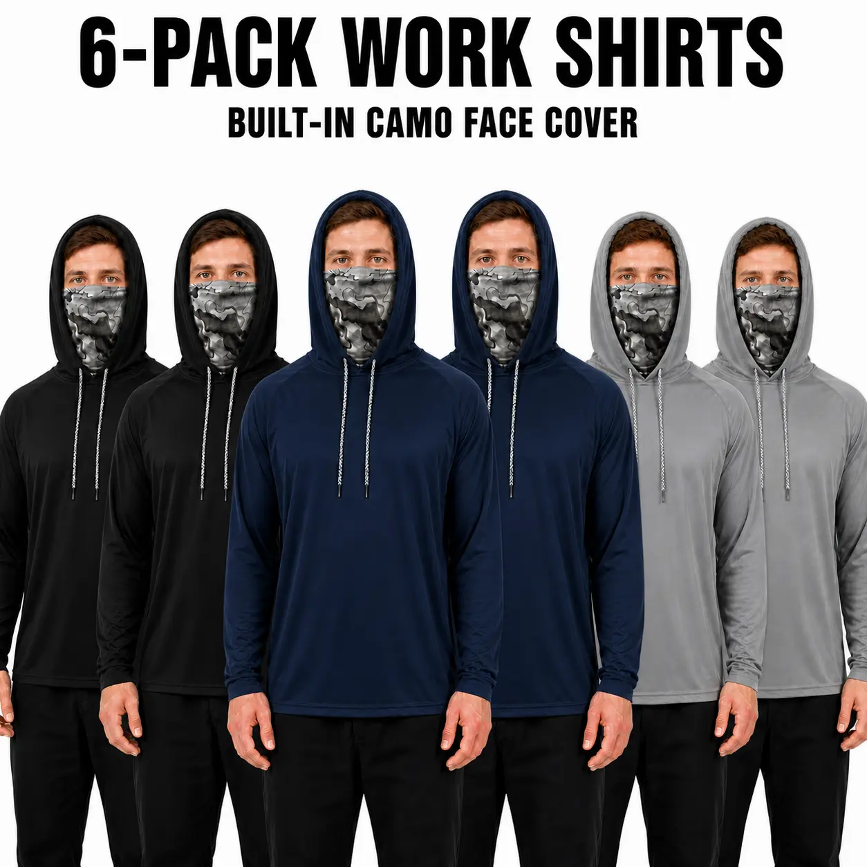 【6-Pack】Men's Pro Sun Protection Work Shirts with Face Mask, Quick-Dry UPF Long Sleeve Outdoor Hoodies Breathable Hiking Shirts Outdoor Sports Outerwear