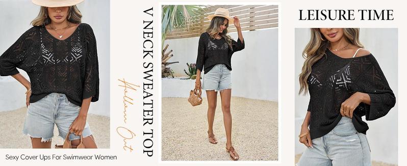 Imily Bela Womens Crochet Cover Up Top Summer 3/4 Sleeve Off Shoulder Sweater Shirts Mesh Boho Beach Swimsuit Coverup