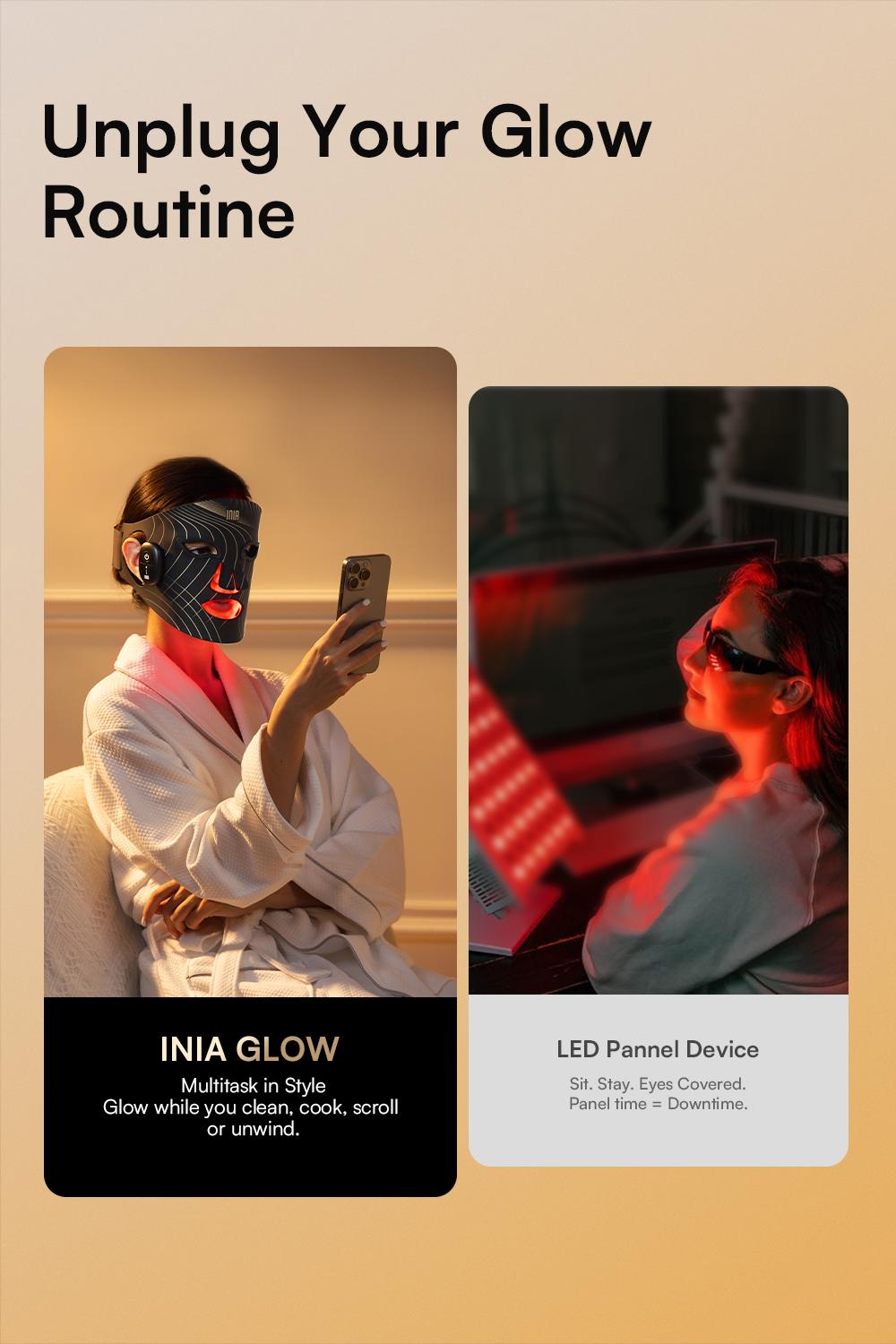 INIA GLOW Wireless Red Light Face & Neck & Chest Mask Bundle – 630nm & 850nm Red Light Therapy Mask Devices | Skincare Set for Lifting, Firming & Radiant Glow at Home, Rechargeable & Portable with 2-Year Warranty