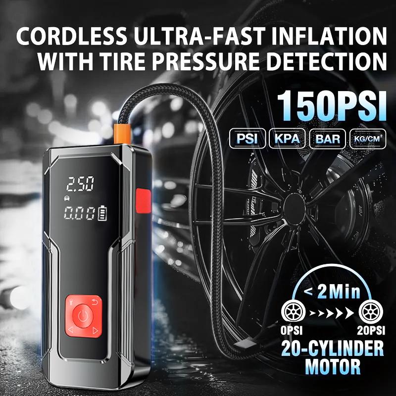 1pc 5-in-1 Jump Starter with Air Compressor Peak Power, 150PSI Digital Tire Inflator, ABS Material, USB Rechargeable, for Gas/Diesel Vehicles, Portable with LED Emergency Lighting, Auto Shut-Off, Tire Pressure Detection & Adjustment, Quick Charge