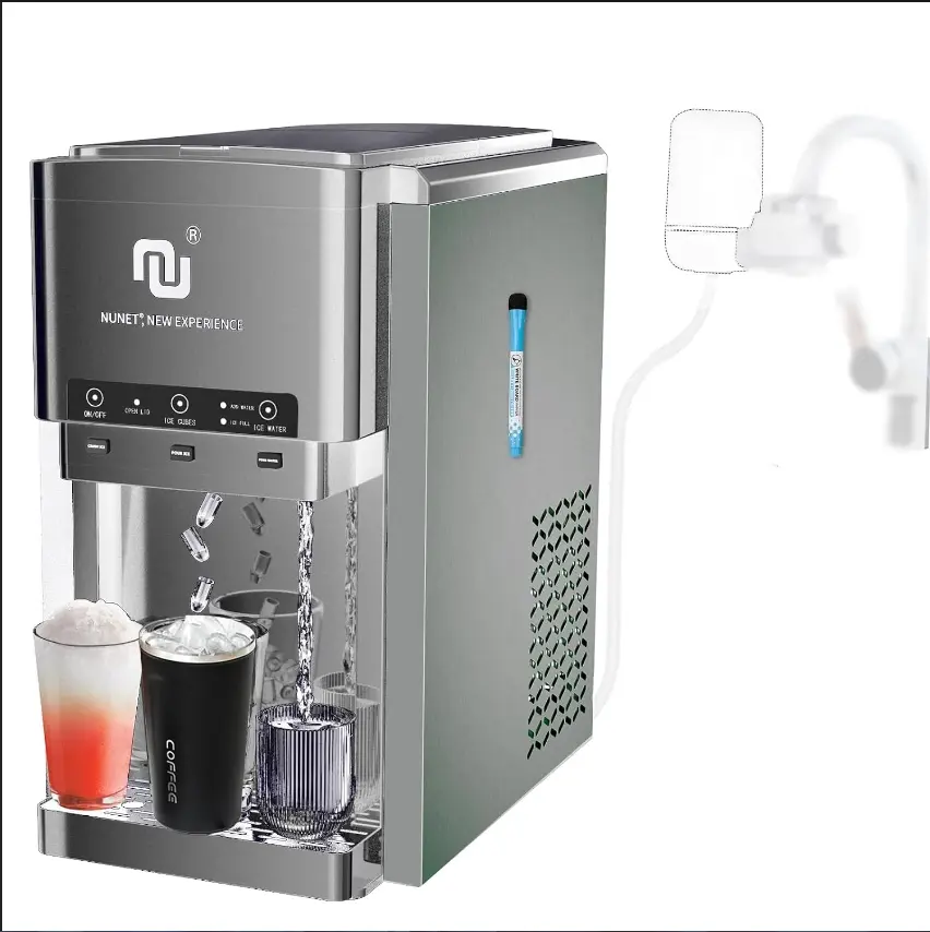 NUNET 3-in-1 Countertop Ice Maker and Water Dispenser | Direct Water Line Compatible, 6L Built-in Tank, Produces Bullet, Shaved & Crushed Ice, 44 Lbs Daily Ice Output with Chilled Water
