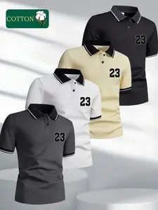 Men’s four-piece set featuring a premium cotton, skin-friendly polo shirt with a buttoned collar and a distinctive numeric pattern print; also includes dress shirts made from stretchy knit fabric suitable for summer workwear. A great summer gift for husba