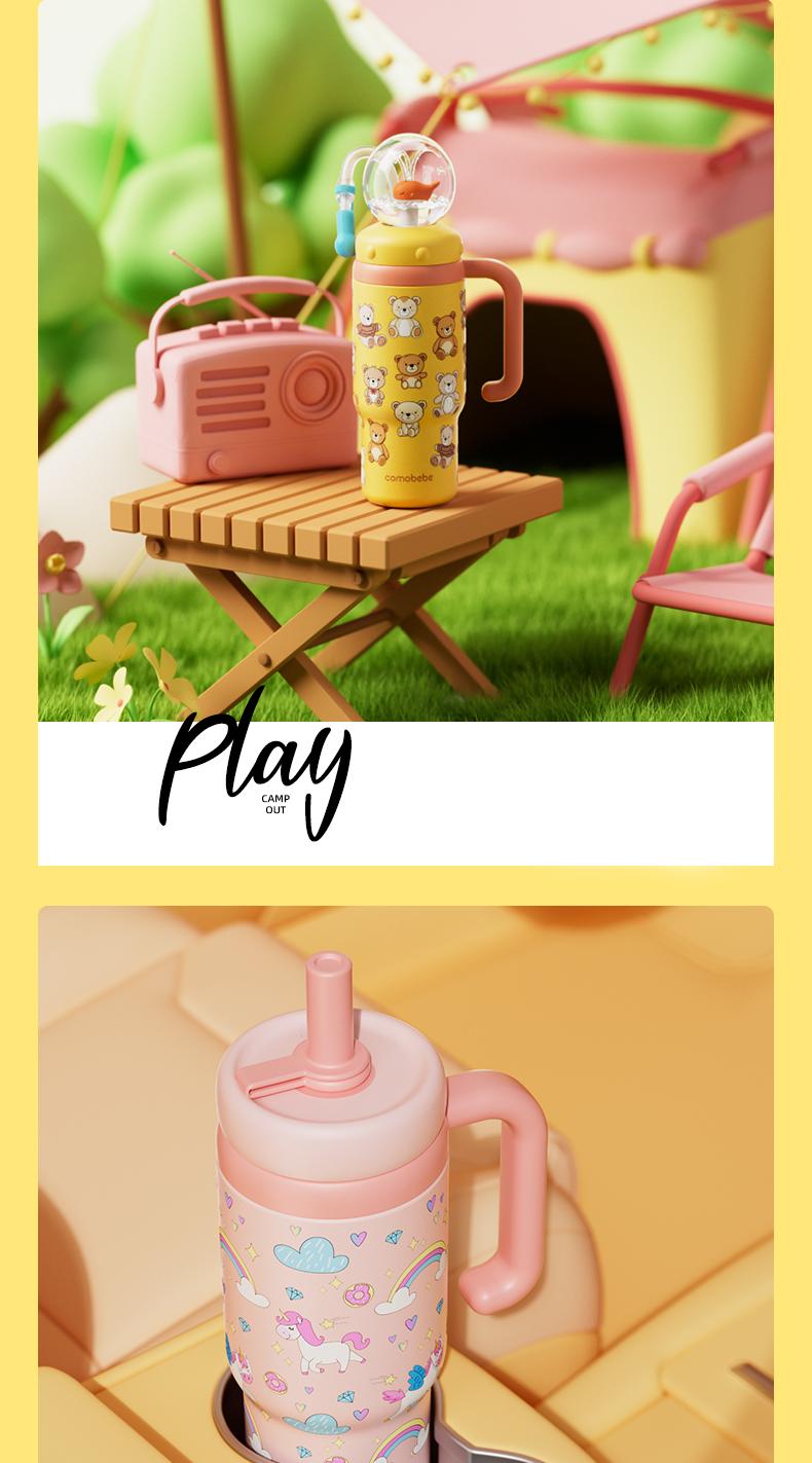 【COMOBEBE】24oz Stainless Steel Whale Fountain Tumbler – Adorable Pattern Designs, Spill-Proof, Dual Lids, Dishwasher Safe, Perfect for Kids & Adults