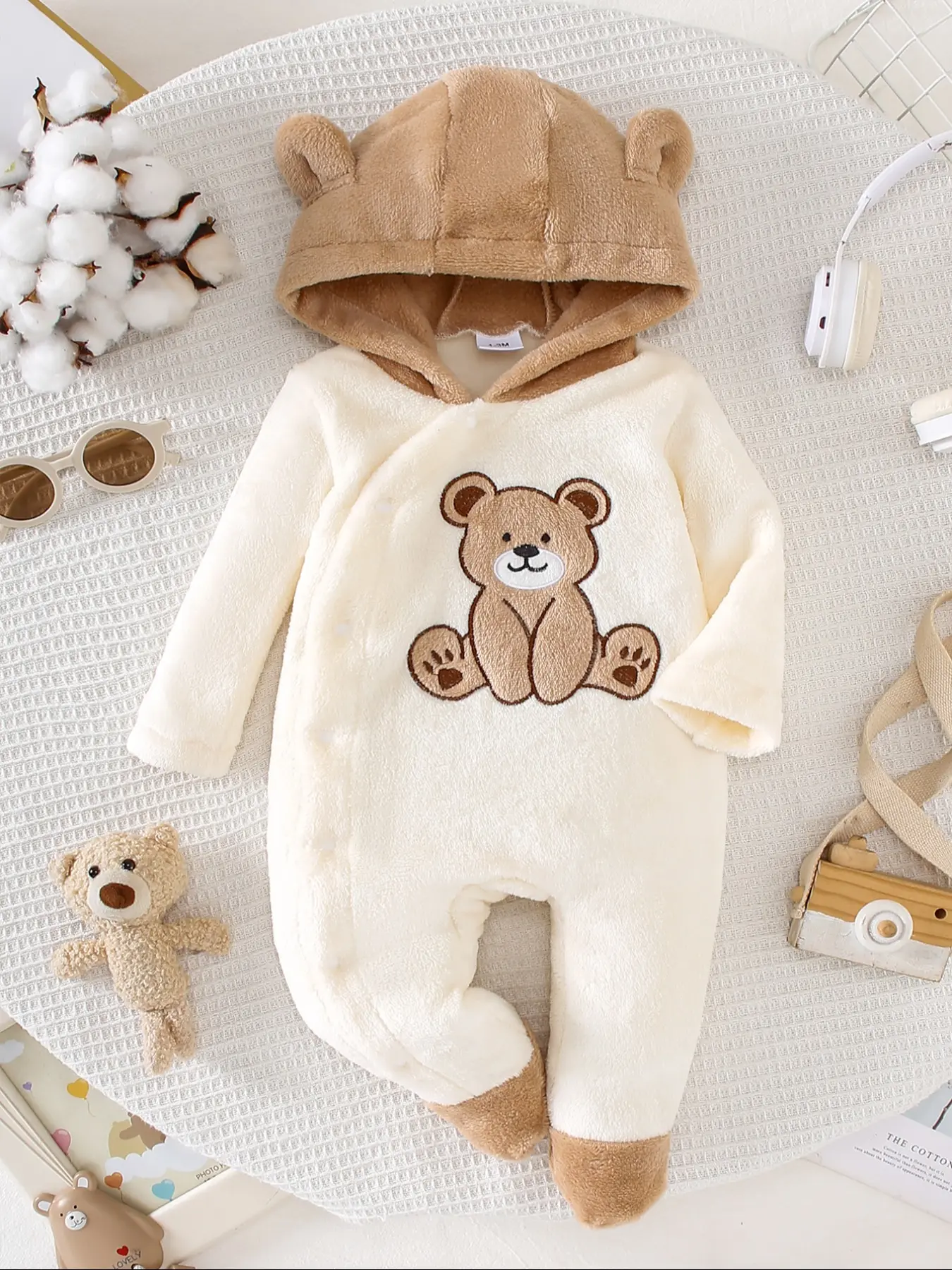 Cute Bear Print Fleece Lined Baby Romper, Baby Clothing, Unisex Infant Hooded Jumpsuit, Warm Winter for Boys & Girls