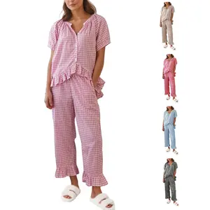 Yimoon Gingham Pajama Set for Women 2 Piece Plaid Cotton Button Down Top and Pants Pjs Ruffle Lounge set Sleepwear Casual Chic