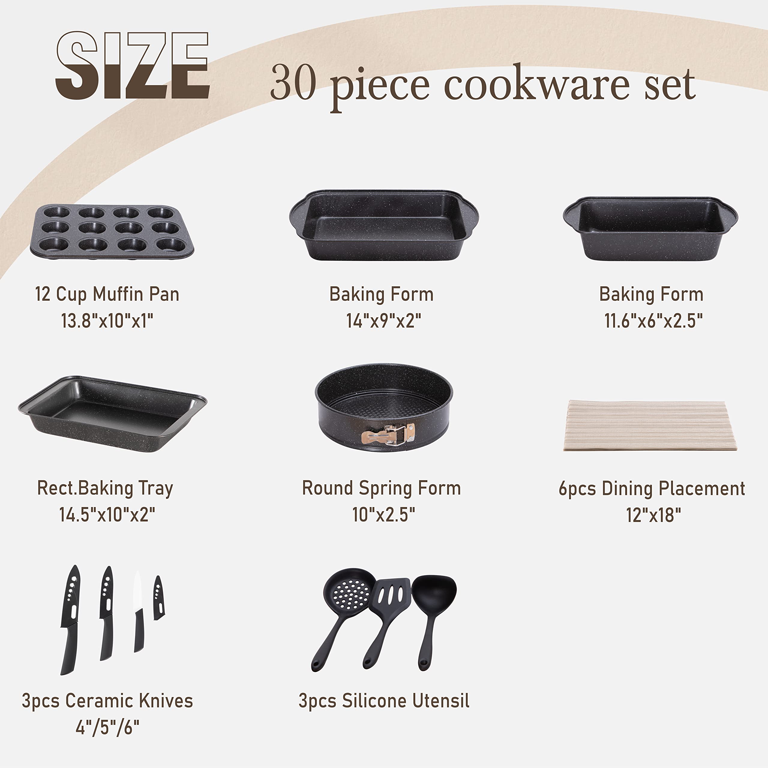 Kitchen Academy Set of 30 Pieces - Induction Cookware with Nonstick Granite Stone Coating, Includes 5 Casserole Lids, Various Woks and Frying Pans