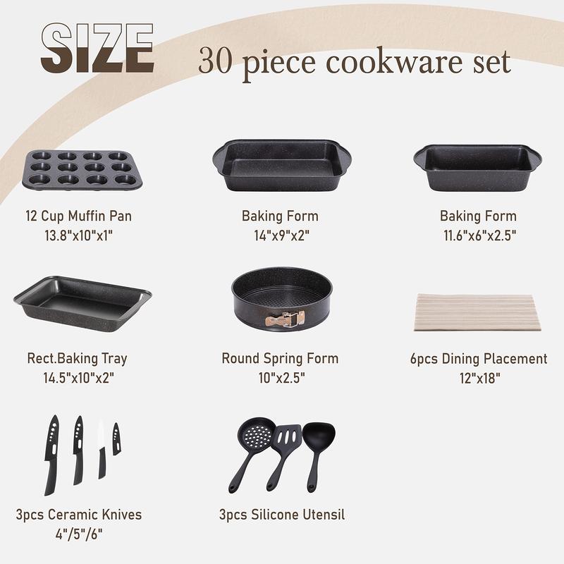 Kitchen Academy Set of 30 Pieces - Induction Cookware with Nonstick Granite Stone Coating, Includes 5 Casserole Lids, Various Woks and Frying Pans