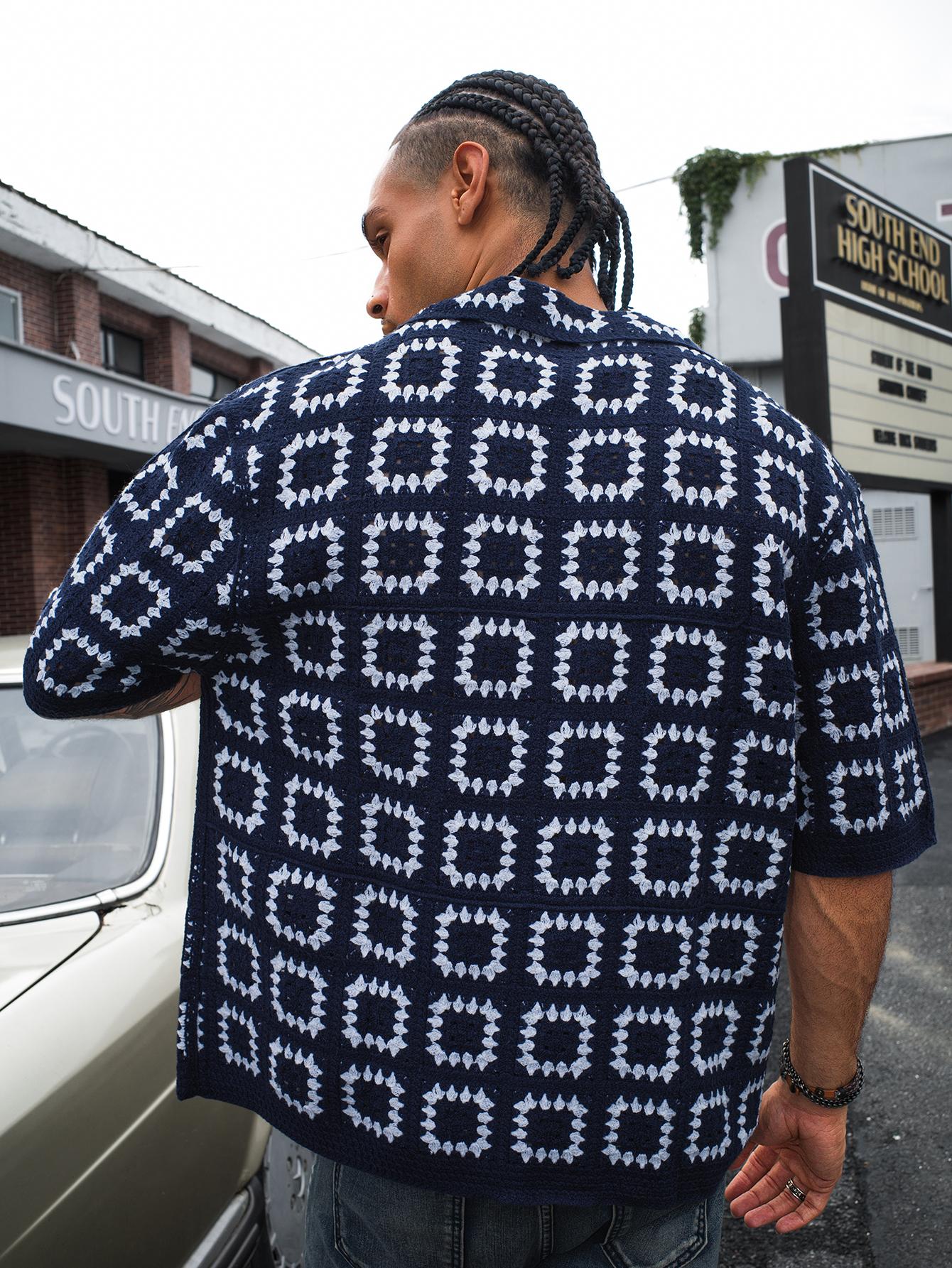 Summer Essential Men's Dark Green Colorblock Knit Short-Sleeve T-Shirt with All Over Print Loose Fit Casual Vacation Wear Tops Button Up