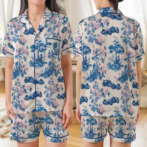 Satin Pajama Set: Sleepwear Short Sleeve Top, Race Car Chinoiserie Print