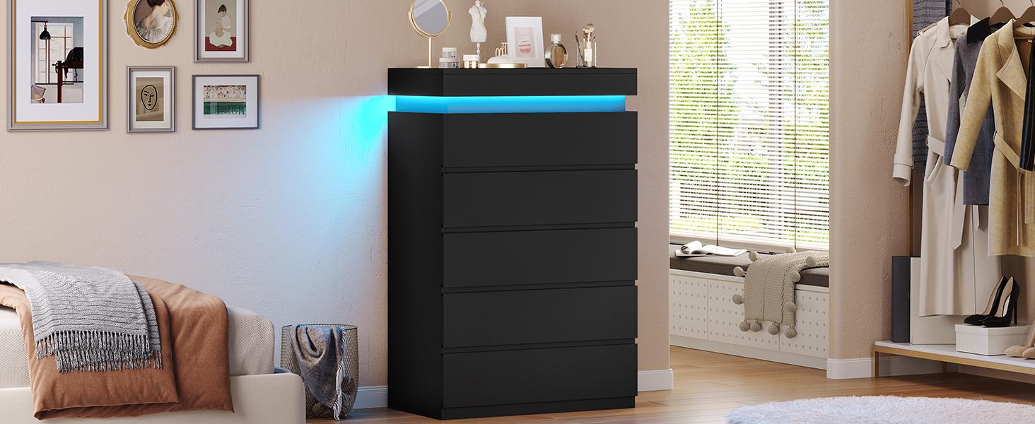 Sikaic LED Tall 5 Drawer Dresser, Modern Chest of Drawers, Closets Dressers with Drawers for Bedroom, Living Room, Entryway, Hallway