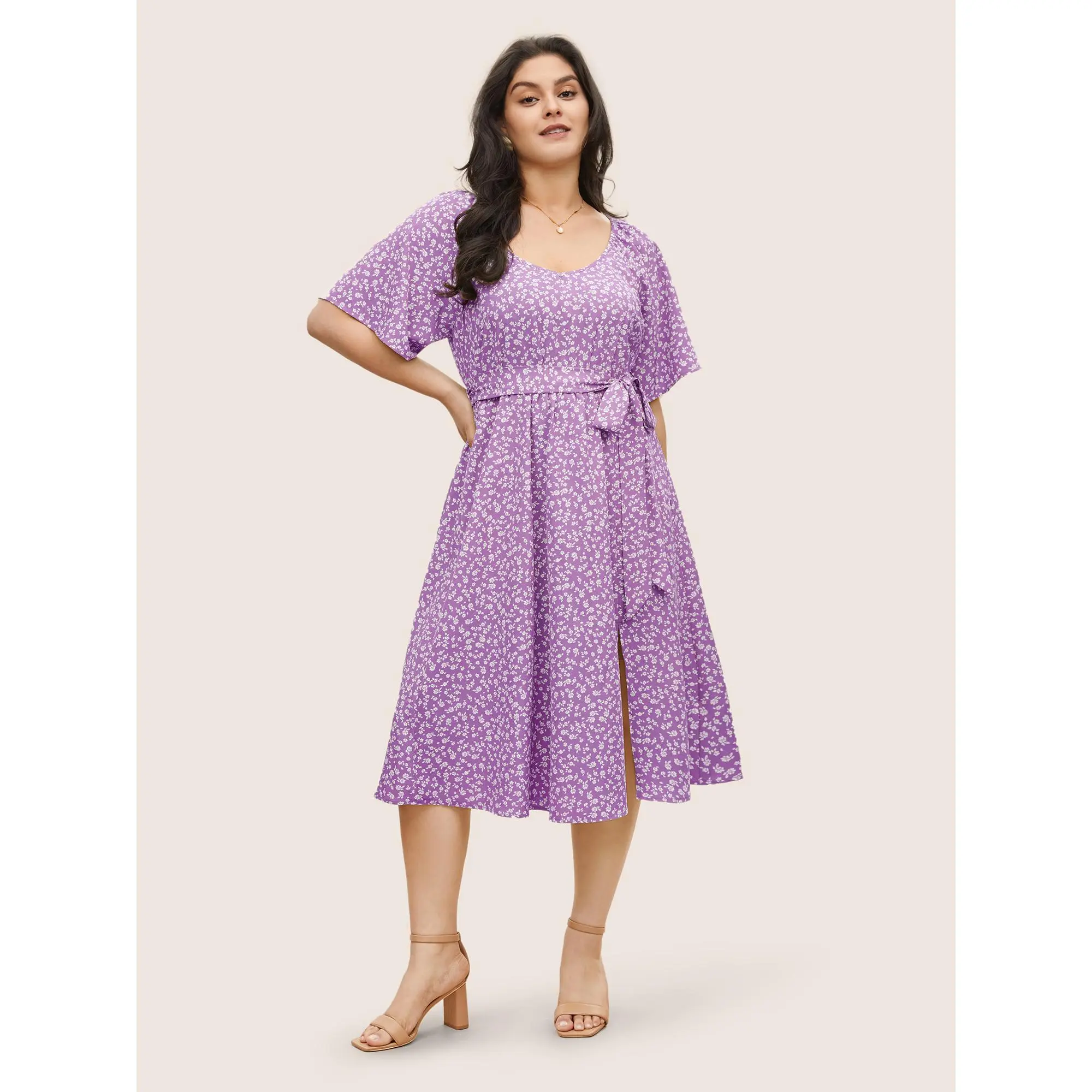 【Cottagecore Dress】 【Pocket Approved】 BLOOMCHIC Ditsy Floral Elastic Waist Belted Scoop Neck Dress Fit Casual Swimweek, Fit Fabric Womenswear Garment,Summerfinds