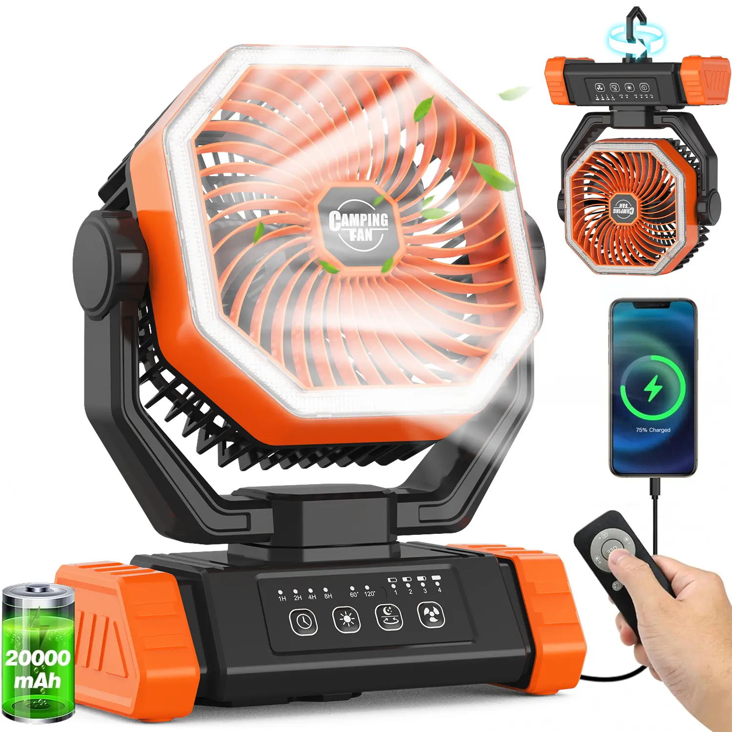 Battery Powered Fan - 20000mAh(55Hrs) Camping Fans for Tent, Auto Oscillation Cordless, Tent Fans for Camping with Remote/light, 4 Speeds, 4 Timing, Outdoor,back to school,back to school haul