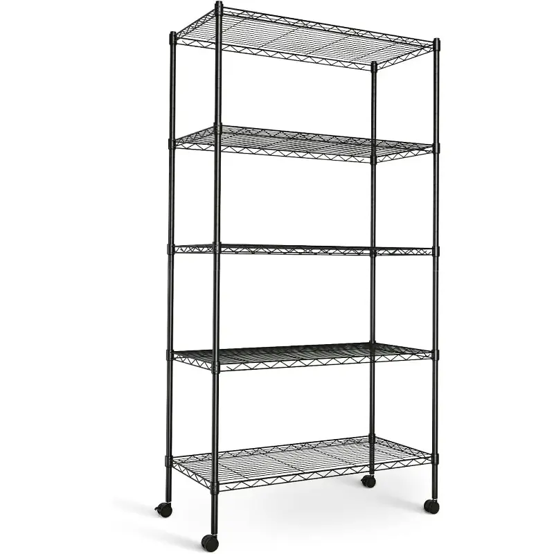Heavy-Duty Adjustable Wire Shelving Unit with Casters Ideal for garages, kitchens, pantries, laundry rooms, and office storage Easy assembly Dimensions