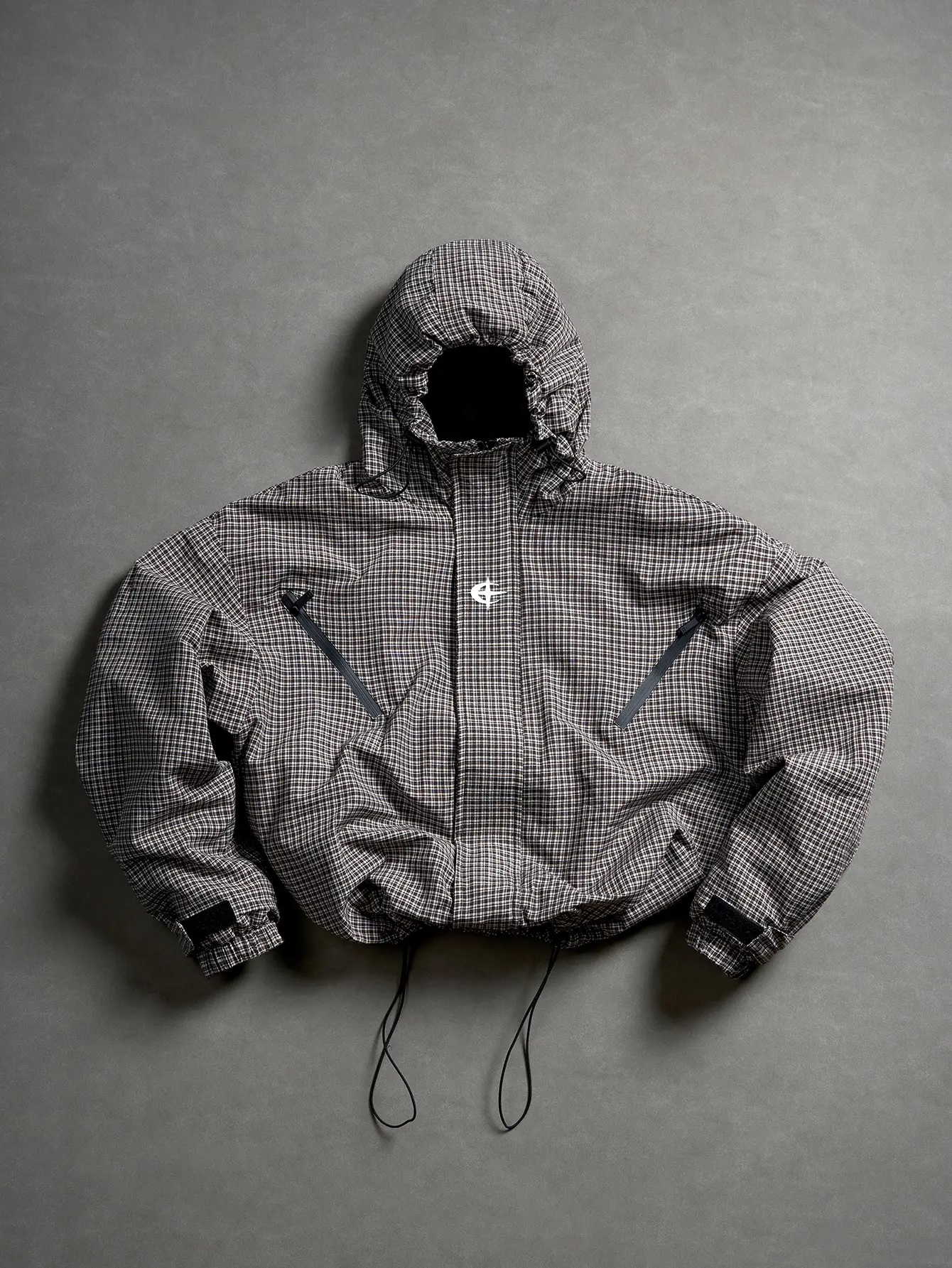 Unisex high street plaid hooded windbreaker — cropped fit, drawstring hem, Velcro cuffs, dual waterproof zip pockets at the chest, wind resistant lined relaxed fit, multicolor techwear jacket for spring and fall