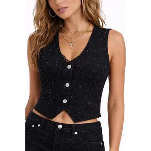 F21 WGA STRETCH DENIM VEST WITH RHINESTONE FRONT