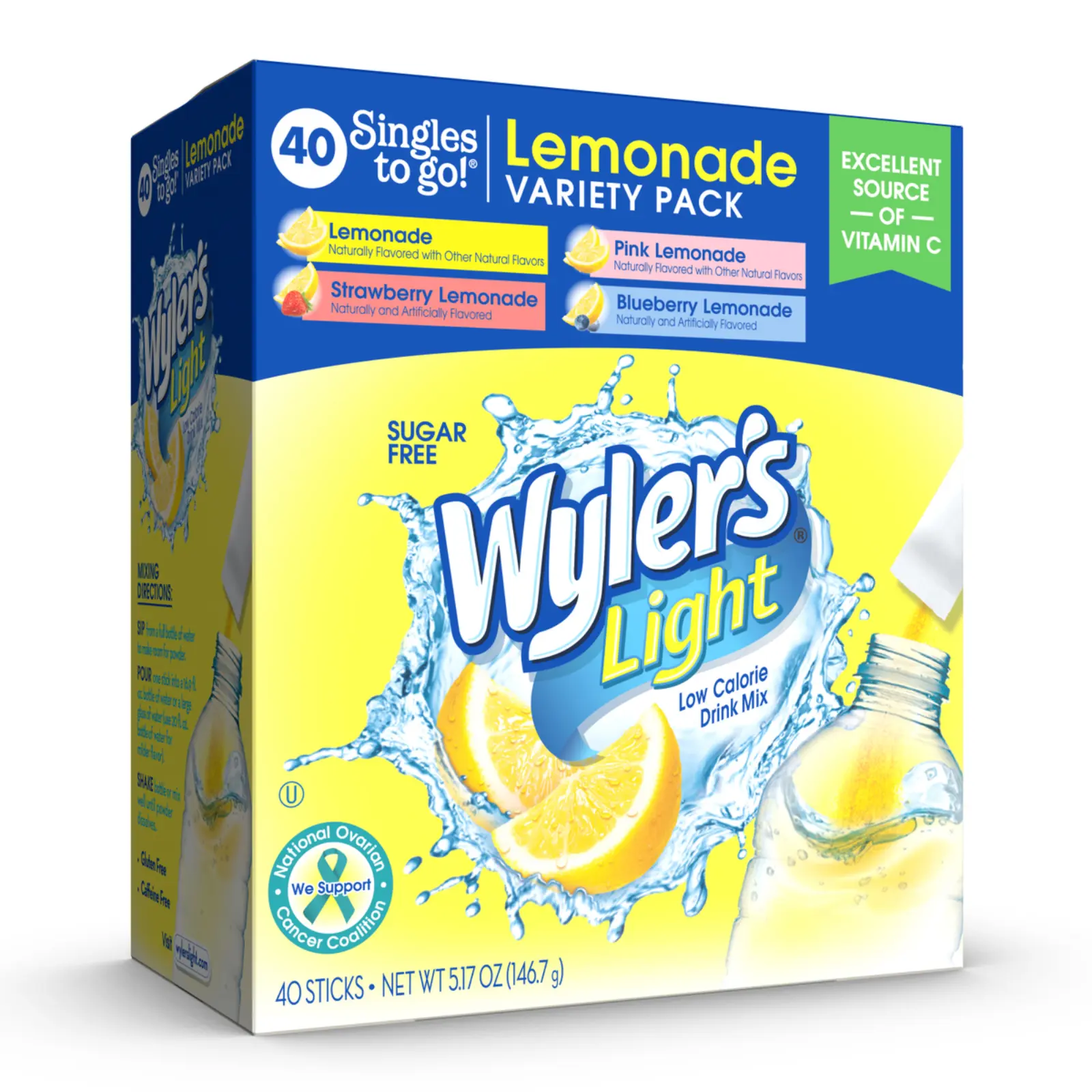 Wyler's Light Lemonade Variety Pack, 40 Ct Singles to Go Powder Packets, Water Drink Mix, Variety Pack, Pink, Strawberry & Blueberry Lemonade, Sugar & Caffeine Free, On-The-Go