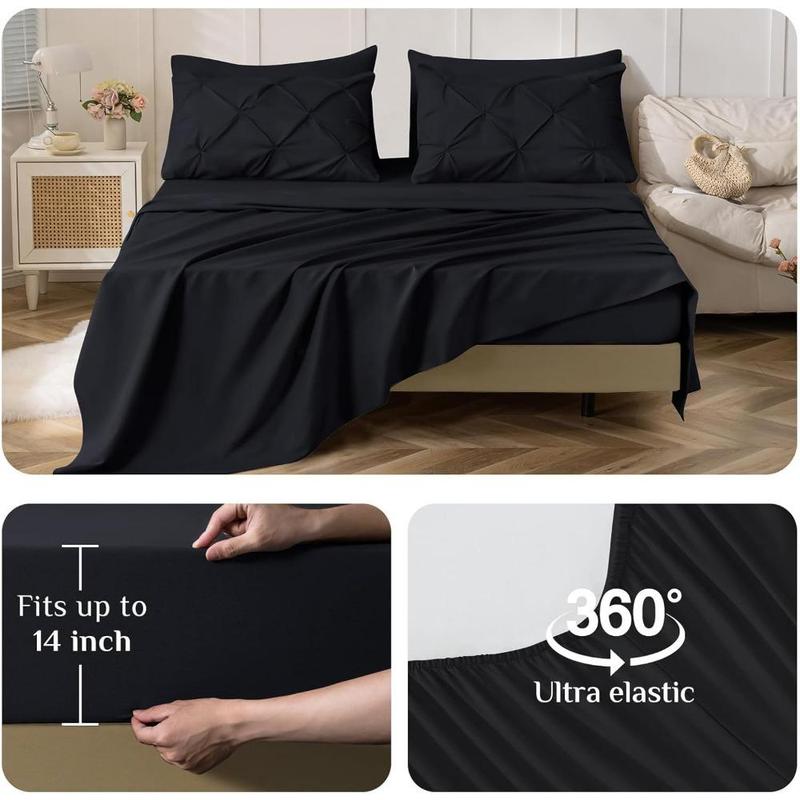 Queen Comforter Set of 7 Pieces-Bed in a Bag for Queen Size, All Season, Pintuck Bedding with Comforter, Flat Sheet, Fitted Sheet, Pillowcases and Shams, Black