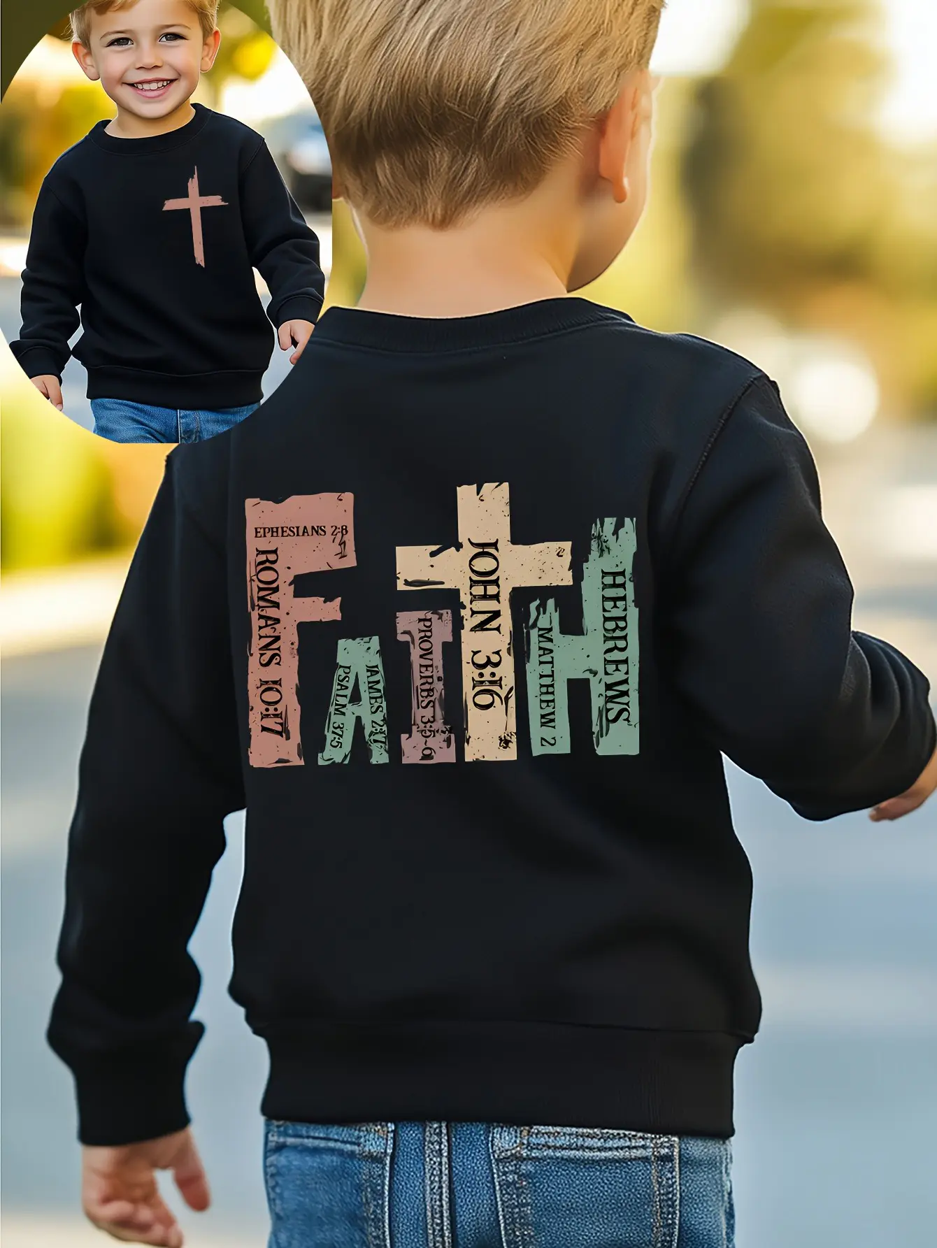 Boys' Long-Sleeve Cotton Fleece Graphic Hoodie - Double-Sided TAITH Letter Cross "FAITH" Print, Fitted Versatile Kids' Hoodie for Spring & Autumn, Hoodies, Graphic Hoodies