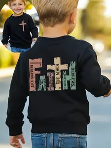 Boys' Long-Sleeve Cotton Fleece Graphic Hoodie, Double-Sided Print with TAITH Letter Cross "FAITH" Design, Fitted Fit Versatile Kids' Top for Spring & Autumn
