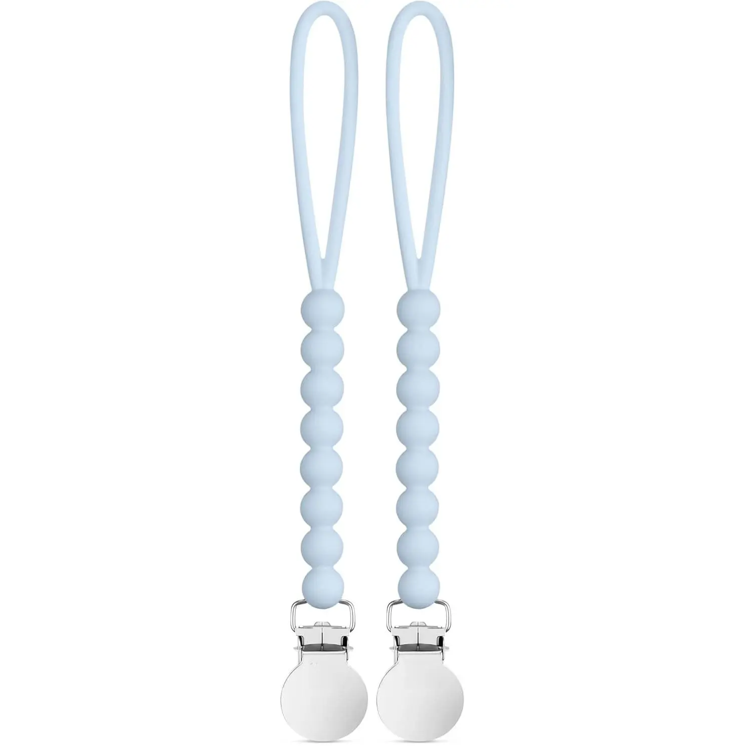 Judy Style Silicone Pacifier Clips with Adjustable Clip - Blue Beaded Binky Holder, Hangable Teething Toy Leash, Beaded Chain - Unisex Baby Accessory (Pack of 2)
